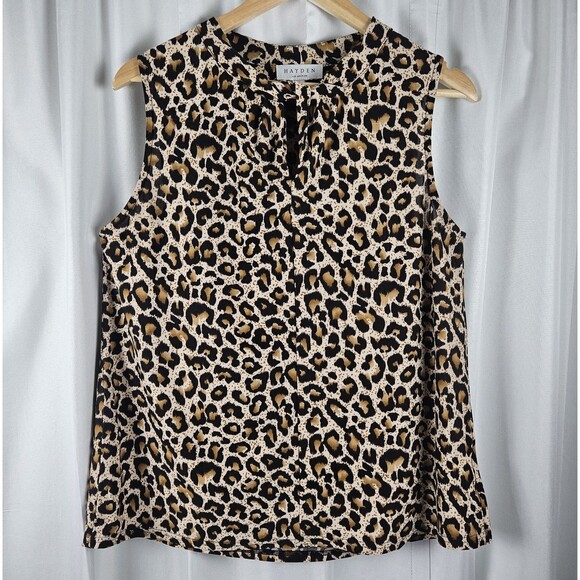 Hayden Tops - Hayden LA Leopard Animal Print Sleeveless Tie-Neck Collared Keyhole Blouse Top L